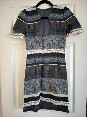 Custom made Teal Paisley Mini Dress with Fringe and Short Sleeve Size XS